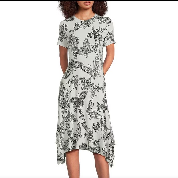 JOHNNY WAS JANIE BUTTERFLY HANDKERCHIEF HEM MIDI DRESS BLACK CREAM SIZE MED NWT - Picture 5 of 13